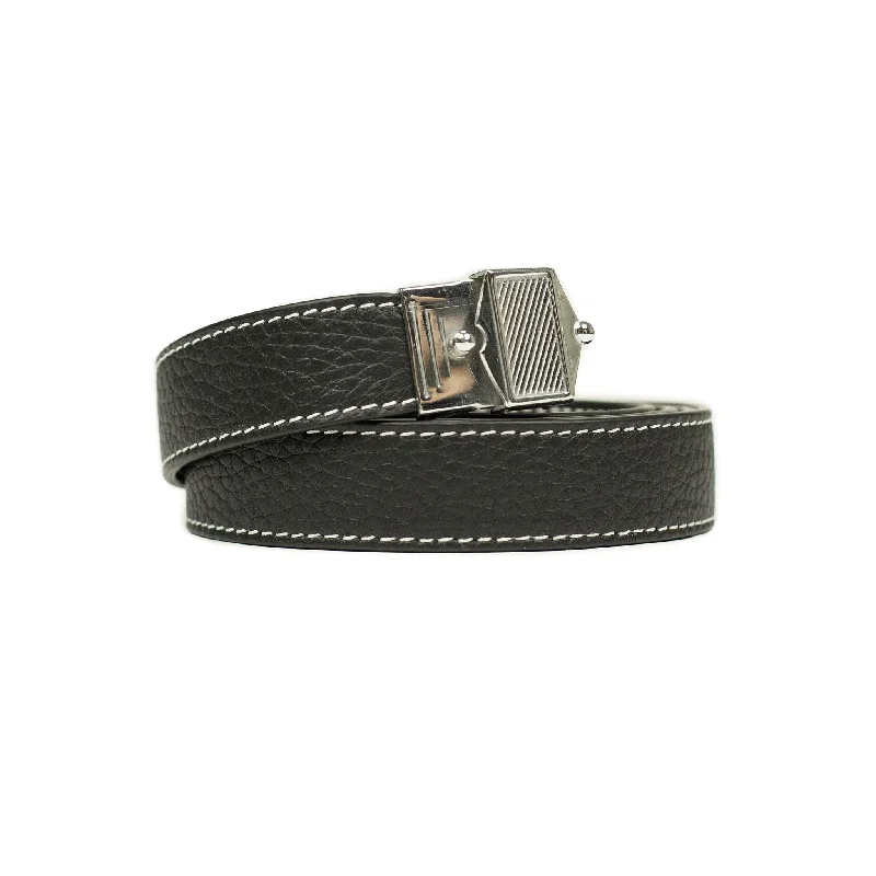 Long belt with vintage brass pin buckle in black tumbled leather