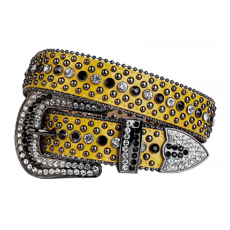 Rhinestones Leather Belt   Yellow With Studs Black And White Stones