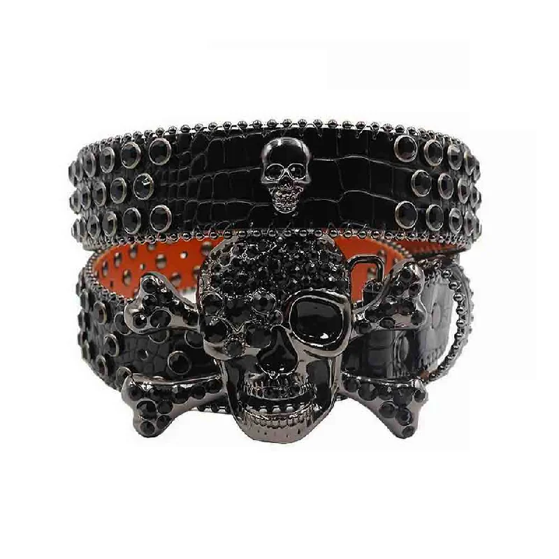 Metal Skull Black Crocodile Strap With Black Studded Rhinestone Diamond Belt