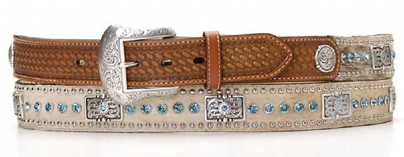 MF Western Nocona Belt Western Blue Rhinestones Nat Calf Hair Style N24421-48