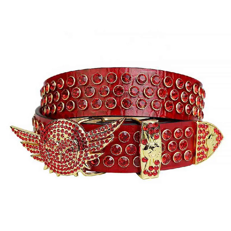 Red Strap With Red Studded Rhinestone Belt with Shiny Gold Angel Wings Red Buckle