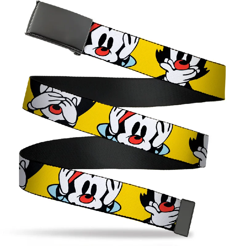 Web Belt Blank Black Buckle - Animaniacs Wakko See Hear Speak No Evil Poses Yellow Webbing