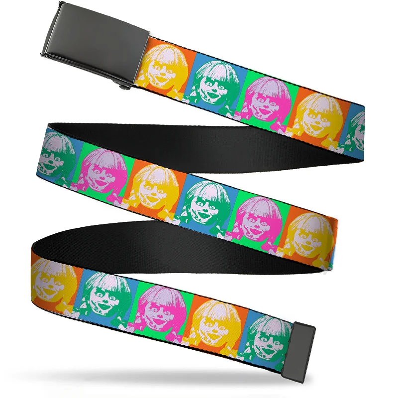 Web Belt Blank Black Buckle - Annabelle Doll Face Pop Art Color Block Multi Color Webbing