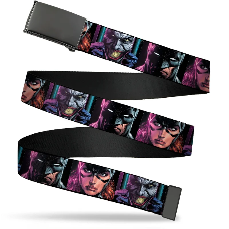 Web Belt Blank Black Buckle - Batman Batgirl and Joker Comic Book Cover Face Close-Ups Black Webbing