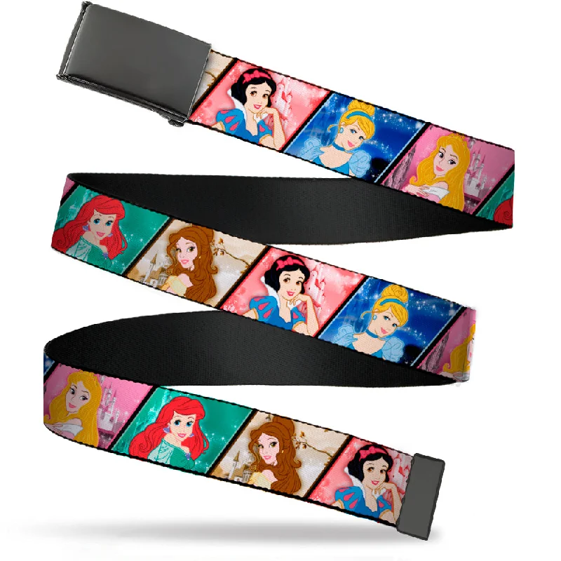 Web Belt Blank Black Buckle - Disney Princess Poses/Castle Blocks Webbing