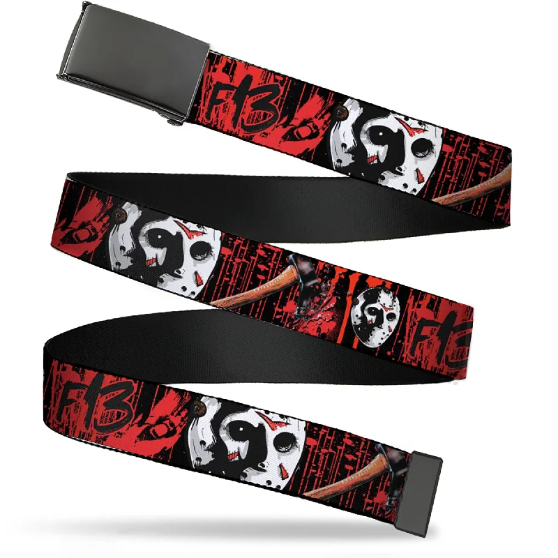 Web Belt Blank Black Buckle - FRIDAY THE 13th/Jason Mask4/Axe Blood Splatter Black/Red/White Webbing