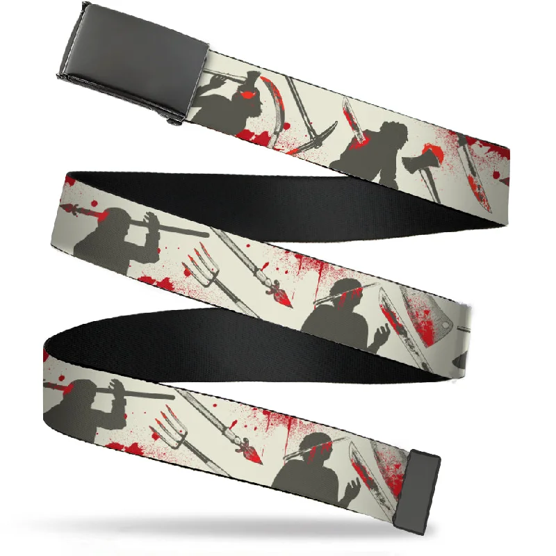 Web Belt Blank Black Buckle - Friday the 13th Weapons and Character Icons Collage Beige/Gray/Red Webbing