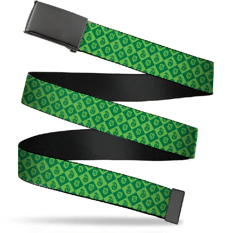 Web Belt Blank Black Buckle - Harry Potter Slytherin Icons Checker Greens Webbing