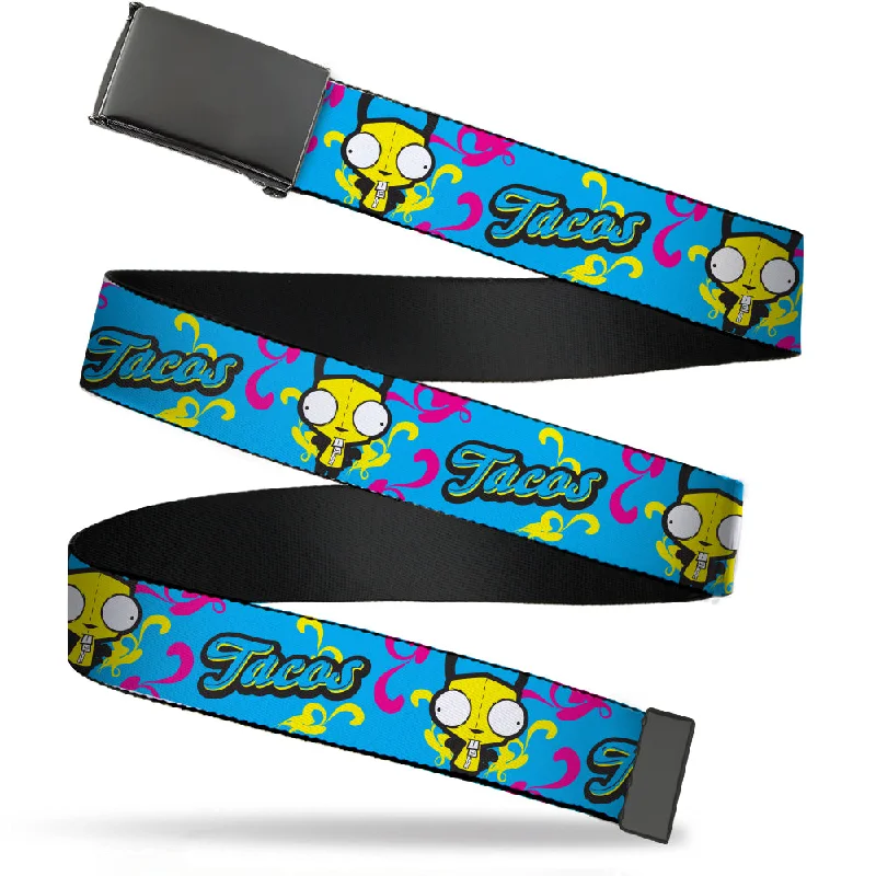 Web Belt Blank Black Buckle - Invader Zim GIR TACOS Pose Blue/Pink/Yellow Webbing