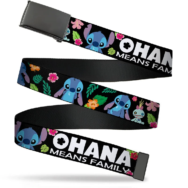 Web Belt Blank Black Buckle - OHANA MEANS FAMILY/Stitch & Scrump Poses/Tropical Flora Black/White/Multi Color Webbing