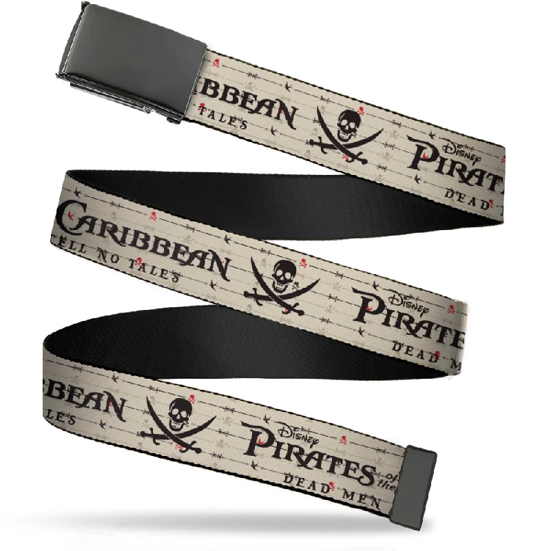 Web Belt Blank Black Buckle - PIRATES OF THE CARIBBEAN-DEAD MEN TELL NO TALES/Skull & Crossed Swords Cream/Black/Red Webbing