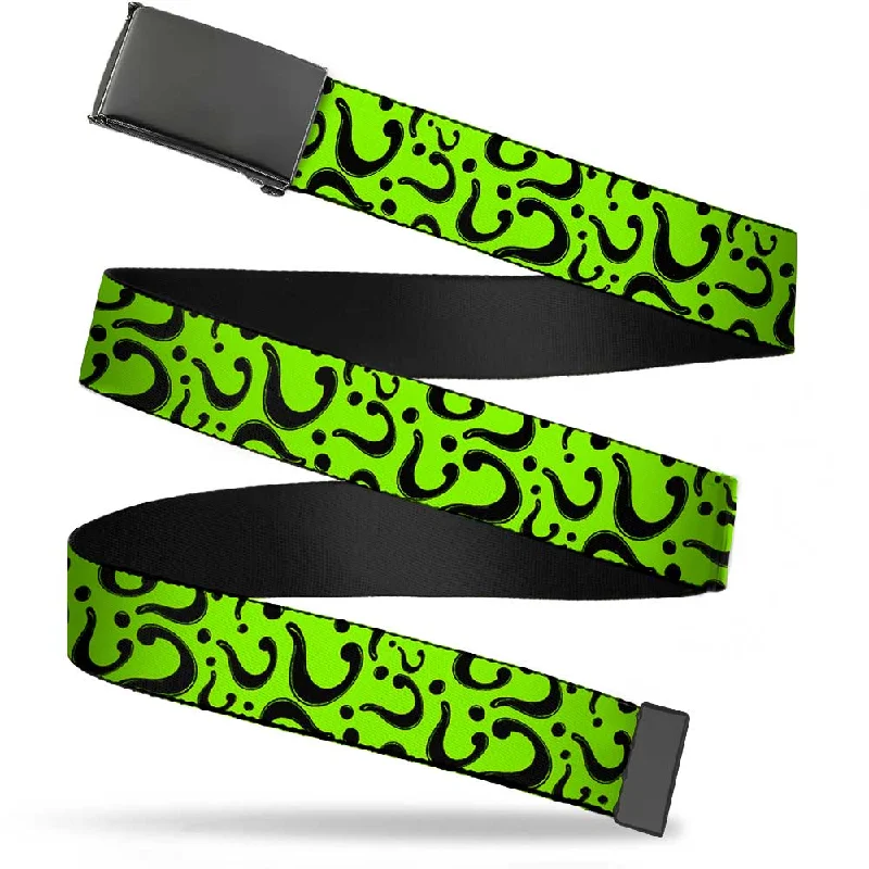 Web Belt Blank Black Buckle - Question Mark Scattered Lime Green/Black Webbing