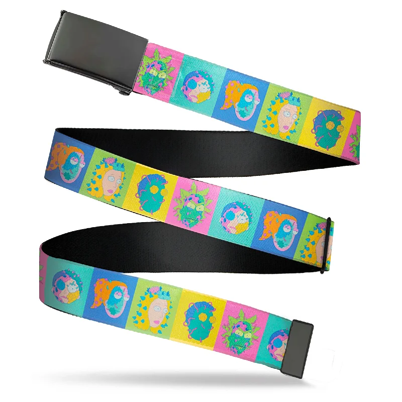 Web Belt Blank Black Buckle - Rick and Morty Smith Family Cell Face Blocks Multi Color Webbing