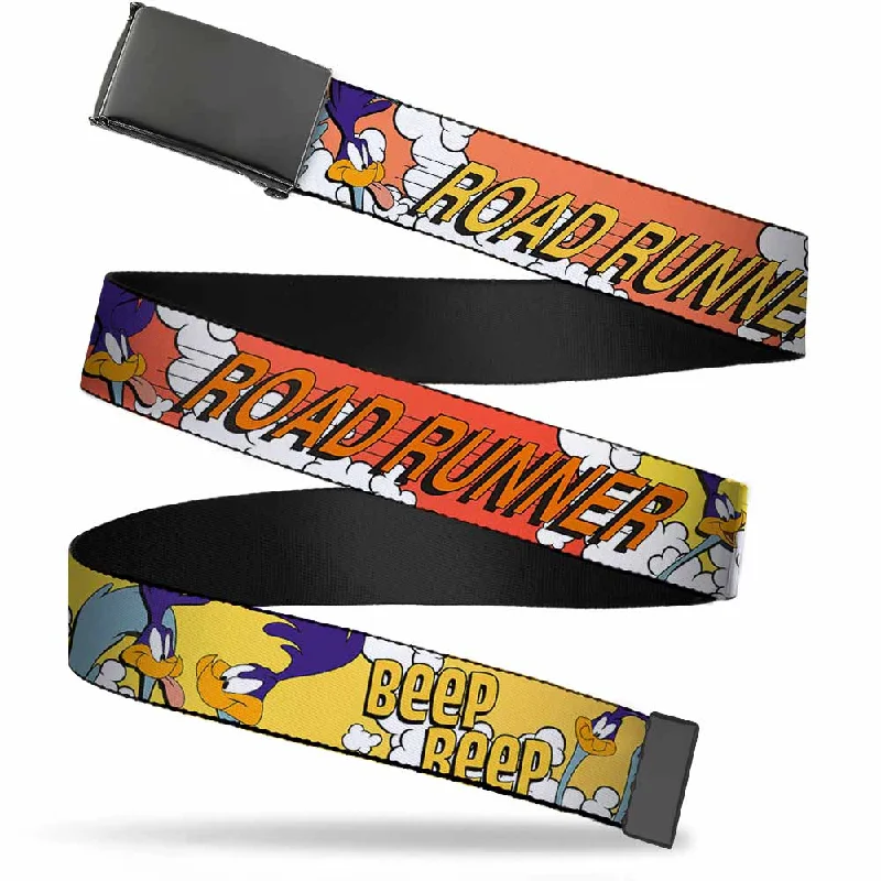 Web Belt Blank Black Buckle - ROAD RUNNER w/Road Runner Poses Orange Webbing