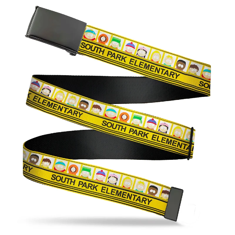 Web Belt Blank Black Buckle - SOUTH PARK ELEMENTARY School Bus Characters Pose Yellow Webbing