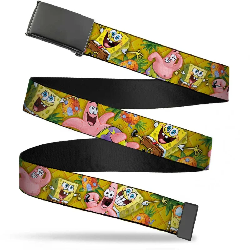 Web Belt Blank Black Buckle - SpongeBob & Patrick Starfish Poses Pineapple Gold Webbing