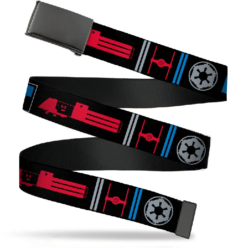 Web Belt Blank Black Buckle - Star Wars EMPIRE/Galactic Empire Elements Collage Black/Blue/Gray/Red/White Webbing