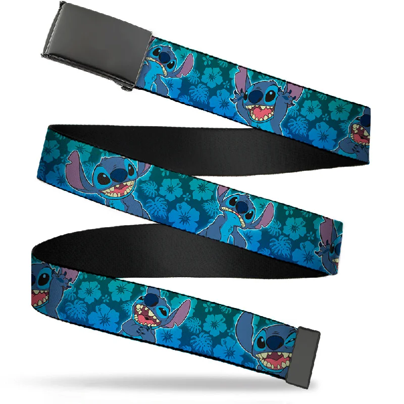 Web Belt Blank Black Buckle - Stitch Expressions/Hibiscus Collage Green-Blue Fade Webbing