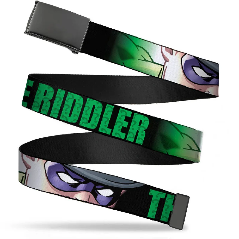 Web Belt Blank Black Buckle - THE RIDDLER/Face CLOSE-UP Black/Green Webbing