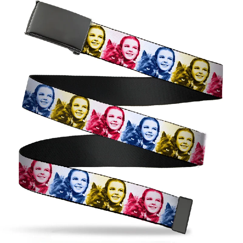 Web Belt Blank Black Buckle - The Wizard of Oz Dorothy and Toto Pose Blocks Blues/Yellows/Reds Webbing