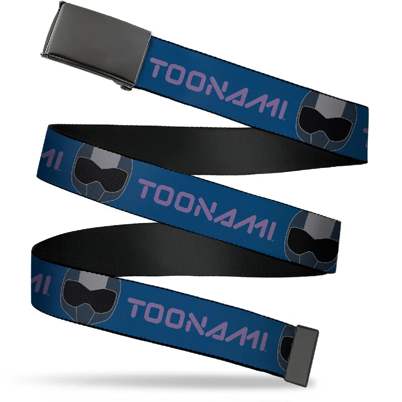 Web Belt Blank Black Buckle - TOONAMI Title Logo and Robot TOM Head Blue/Purple/Grays Webbing