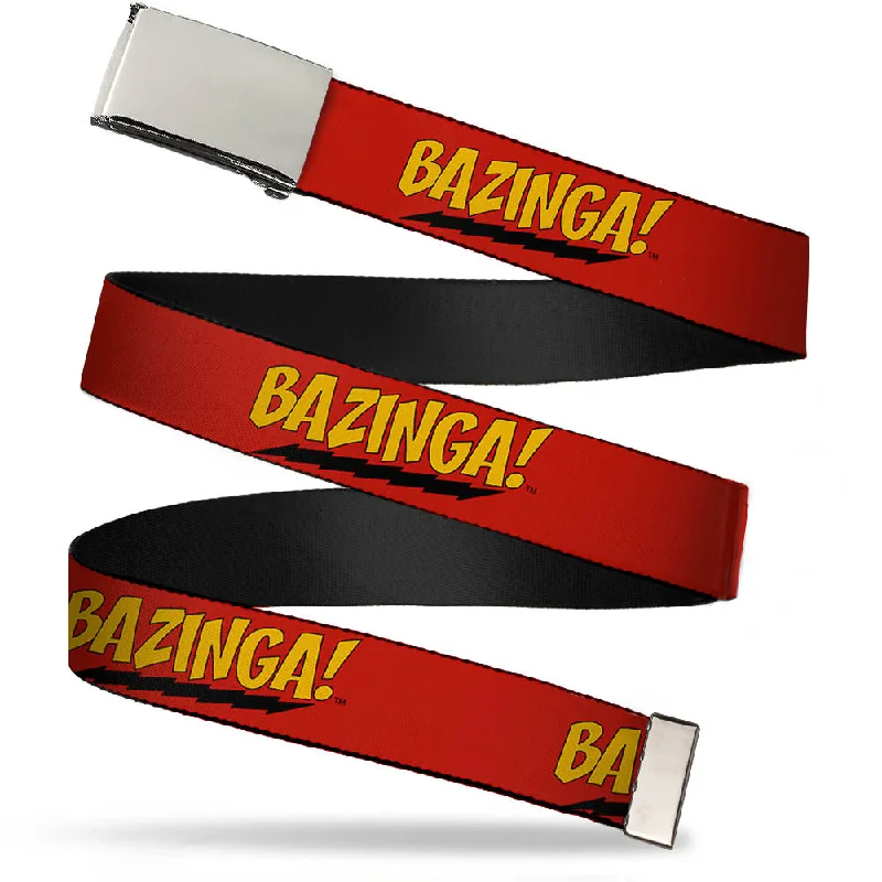 Web Belt Blank Chrome Buckle - BAZINGA! Red/Gold/Black Webbing