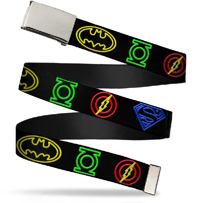 Web Belt Blank Chrome Buckle - Justice League Electric Logos Black/Multi Neon Webbing