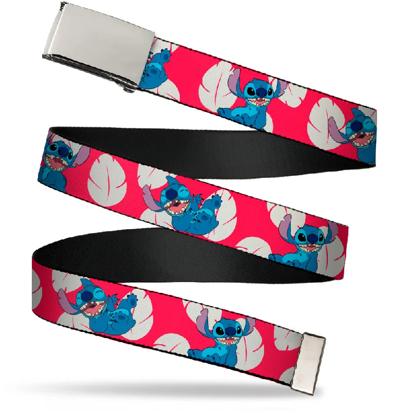 Web Belt Blank Chrome Buckle - Lilo & Stitch Stitch 4-Poses/Lilo Dress Leaves Red/Ivory Webbing