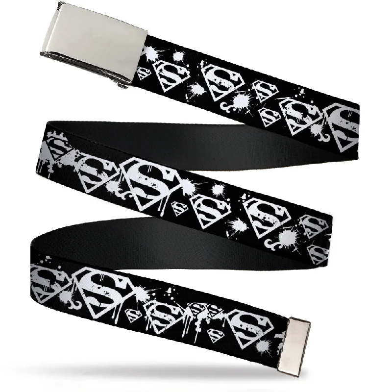 Web Belt Blank Chrome Buckle - Superman Shield Splatter Black/White Webbing