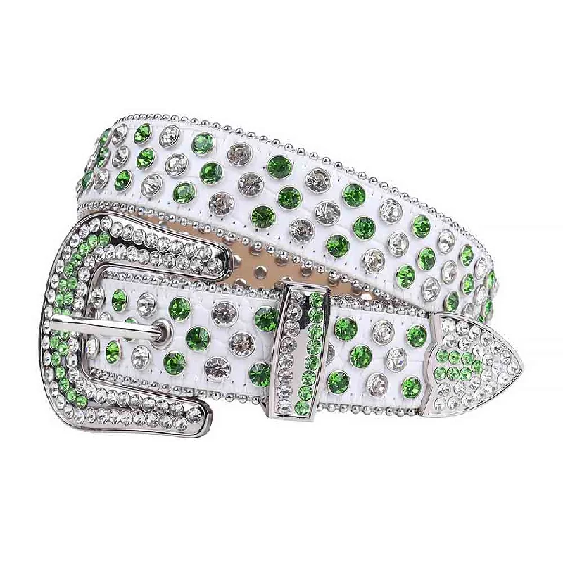 White Strap With Green & White Studded Rhinestone Belt