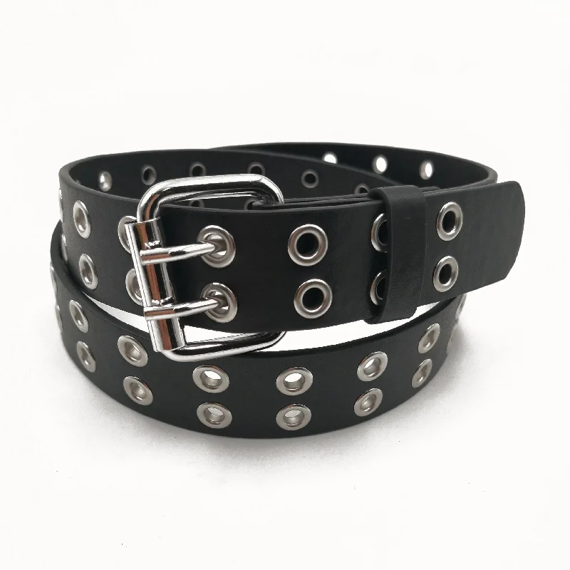 Women Adjustable Black Eyelet Belt