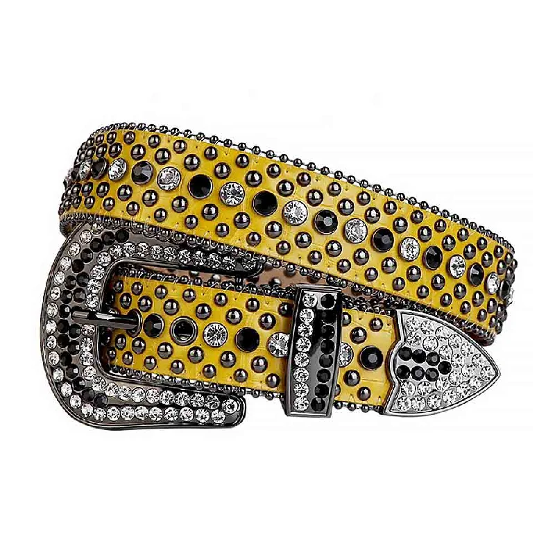 Yellow Strap With Black & Transparent Studded Rhinestone Belt